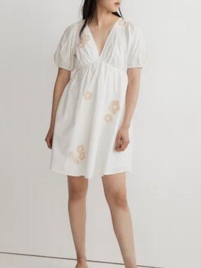 Madewell Anamarie Mini Dress In Bright Ivory Floral Embroidery Sz 2 100% Cotton